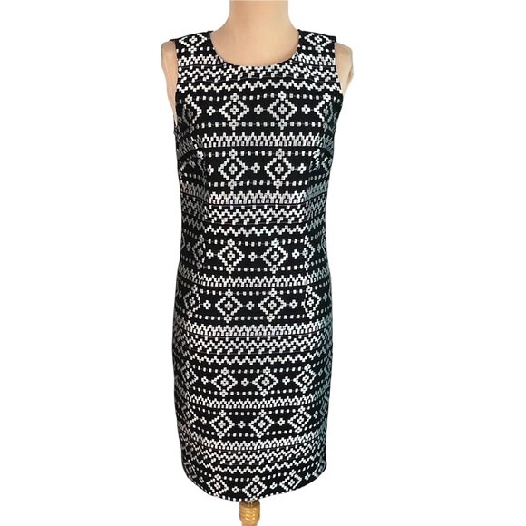 DKNYC Embroidered Geometric Print Dress Size 4 Black White Linen Blend Sheath - Picture 2 of 10
